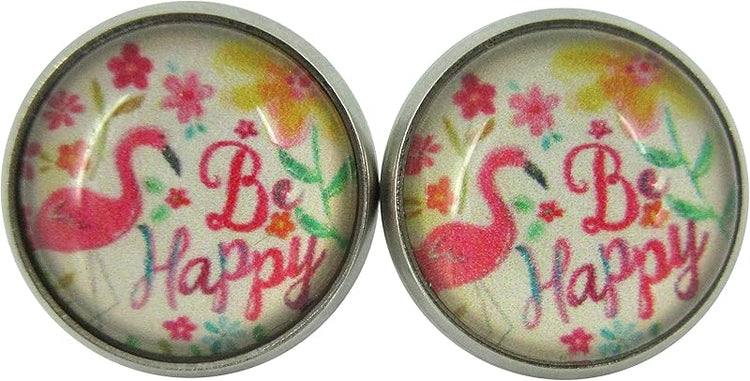 Summerfield Collection Stainless Steel Be Happy Flamingo Print Glass 12mm Stud Earrings