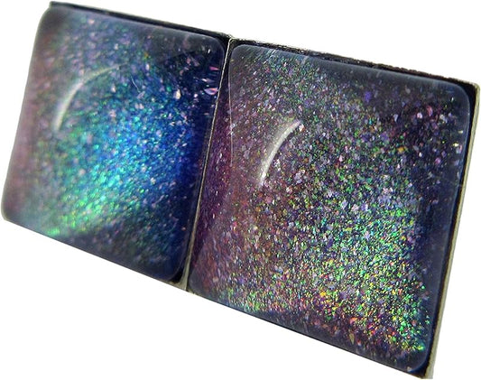 Summerfield Collection Stainless Steel Purple and Rainbow Glitter Glass Stud Earrings Hand-painted Square 10mm