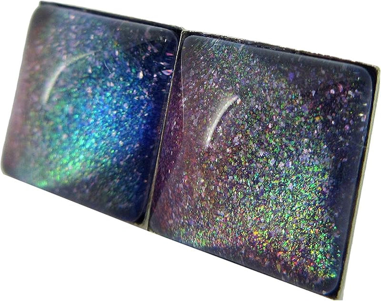 Summerfield Collection Stainless Steel Purple and Rainbow Glitter Glass Stud Earrings Hand-painted Square 10mm