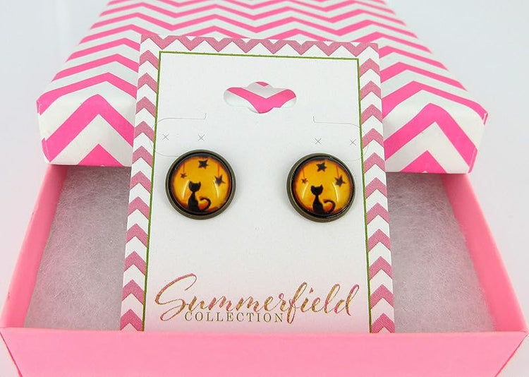 Summerfield Collection Antiqued Gold-tone Orange and Black Halloween Cat Print Glass Stud Earrings 12mm