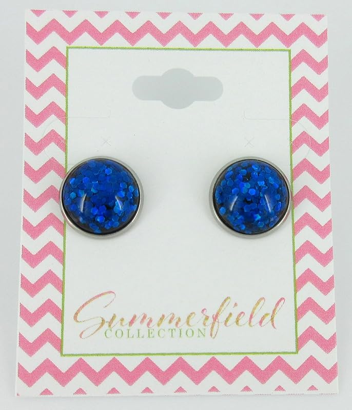 Summerfield Collection Stainless Steel Royal Blue Glitter Resin Stud Earrings (12mm)