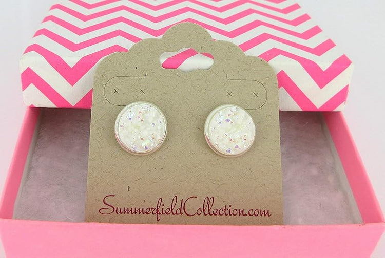 Summerfield Collection Silver-tone Solid AB Faux Druzy Stone Stud Earrings 12mm (White)