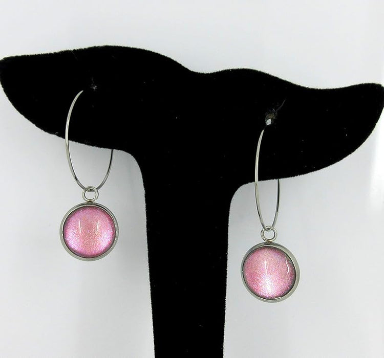 Summerfield Collection Stainless Steel Pink Opalescent Glass Charm Hoop Earrings Hand-painted 1"