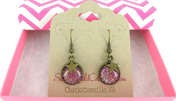 Summerfield Collection Antiqued Gold-tone Glitter Glass Star Charm Galaxy Dangle Earrings Plum Berry Purple Hand-painted