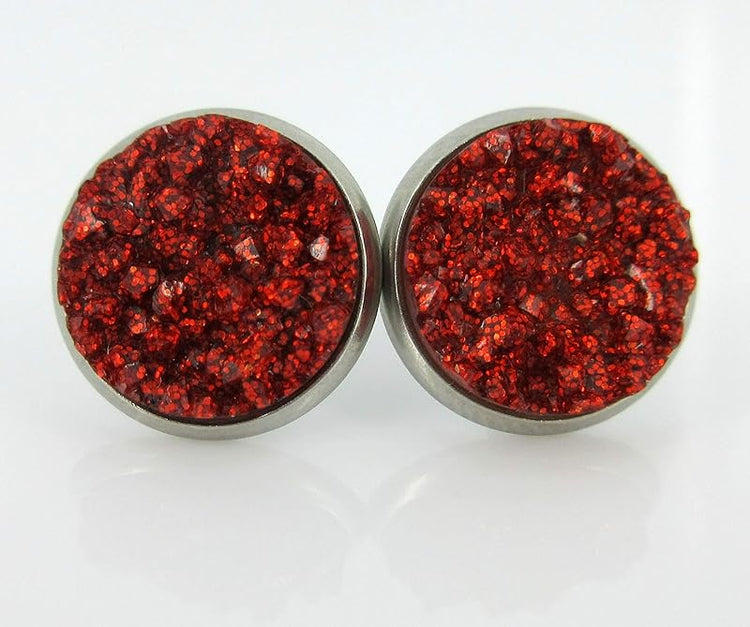 Summerfield Collection Trio Stainless Steel Glitter Faux Druzy Stone Stud Earrings Set (Red/White/Green)