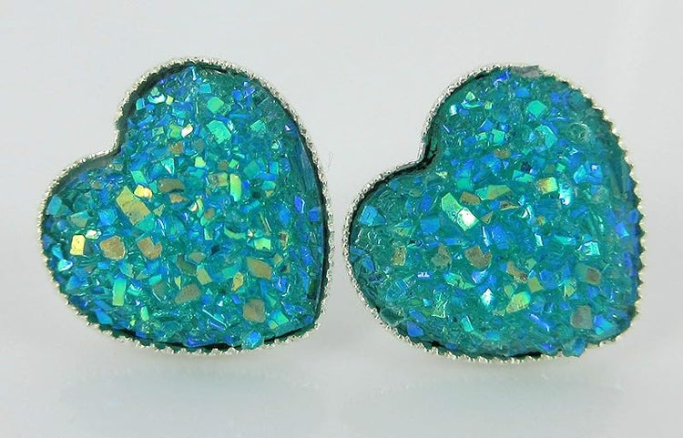 Summerfield Collection Silver-tone Heart Faux Druzy Stone Stud Earrings 12mm (Aqua Blue AB)