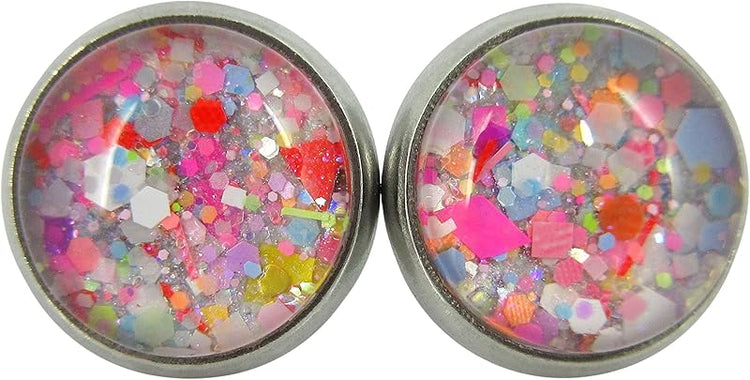 Summerfield Collection Stainless Steel Happy Confetti Glitter Glass Stud Earrings Hand-painted 10mm