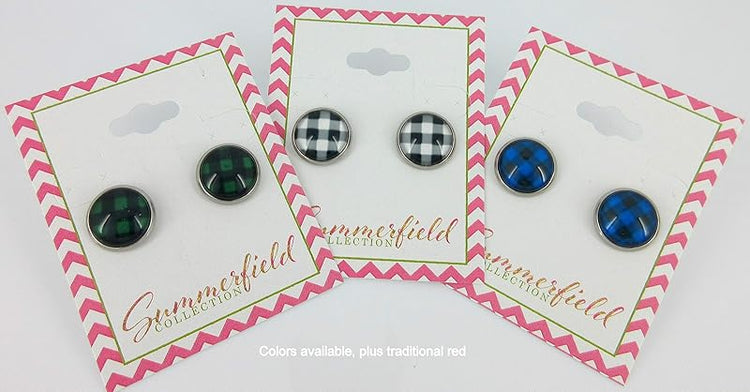 Summerfield Collection Stainless Steel Buffalo Plaid Print Glass Stud Earrings 12mm (Green/Black)
