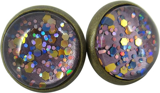 Summerfield Collection Antiqued Gold-tone Lavender Purple Glitter Glass Stud Earrings Hand-painted 12mm