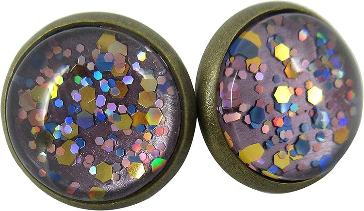 Summerfield Collection Antiqued Gold-tone Lavender Purple Glitter Glass Stud Earrings Hand-painted 12mm