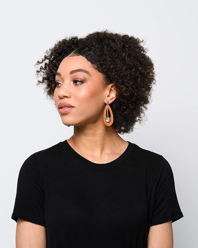 Summerfield Collection Stainless Steel Green Glitter Glass Charm Wood Teardrop Drop Earrings
