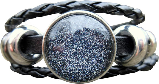 Summerfield Collection Interchangeable Snap Bracelet 3 Charm Set Blue Galaxy Glitter Glass Black Layered Leather