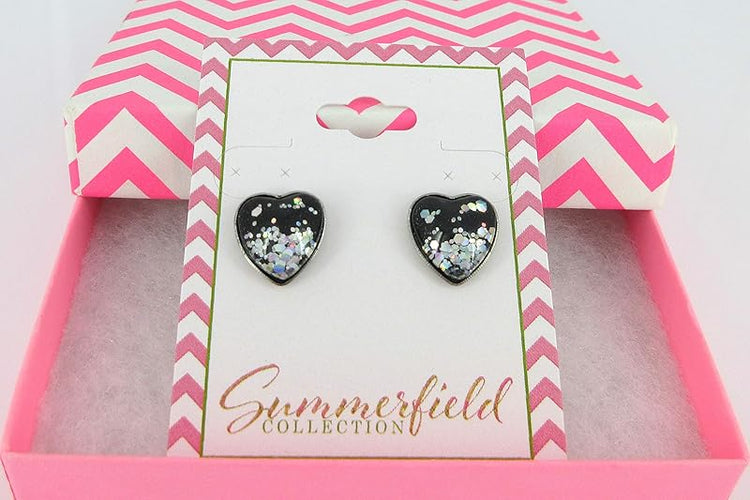 Summerfield Collection Stainless Steel Black and Silver Glitter Glass Heart Stud Earrings Hand-painted