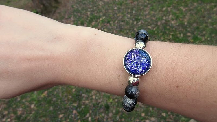 Summerfield CollectionInterchangeable Snap Bracelet 3 Charm Set Blue Galaxy Glitter Glass Black Clear Crackle Stretch