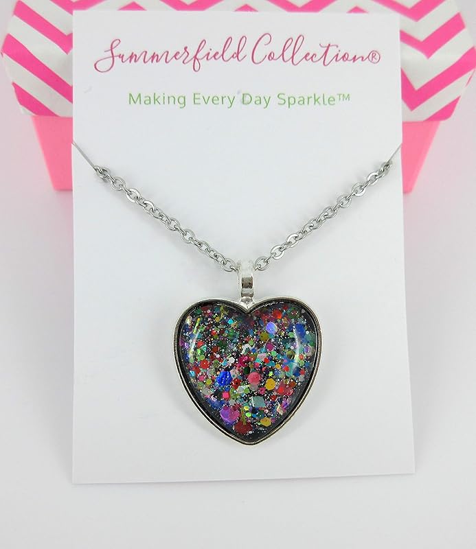 Summerfield Collection Silver-Tone Black and Multi-Color Confetti Glitter Glass Heart Pendant Necklace 20" Chain Stainless