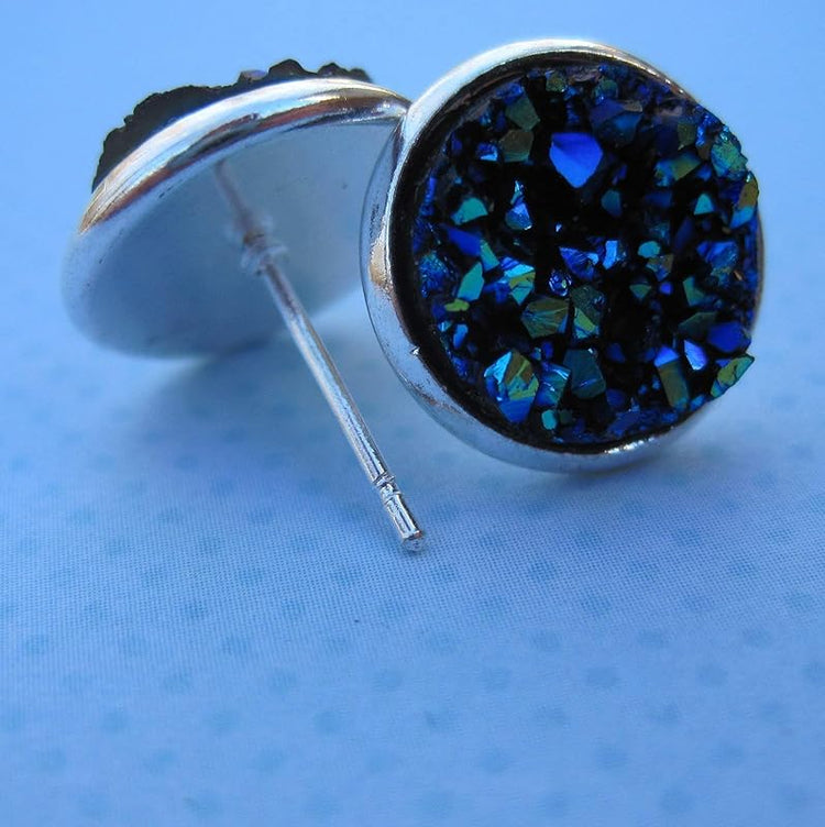 Summerfield Collection Silver-tone Metallic Faux Druzy Stone Stud Earrings 12mm (Blue)