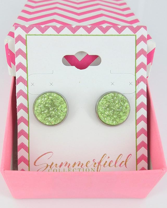 Summerfield Collection Stainless Steel Neon Yellow Green Faux Druzy Glitter Stone Stud Earrings Lime Translucent