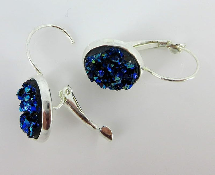 Summerfield Collection Silver-tone Metallic Faux Druzy Stone Lever-back Drop Earrings 12mm (Blue)