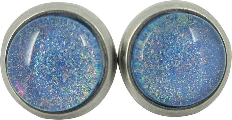 Summerfield Collection Stainless Steel Sky Blue and Rainbow Glitter Flake Glass Stud Earrings Hand-painted (8mm)
