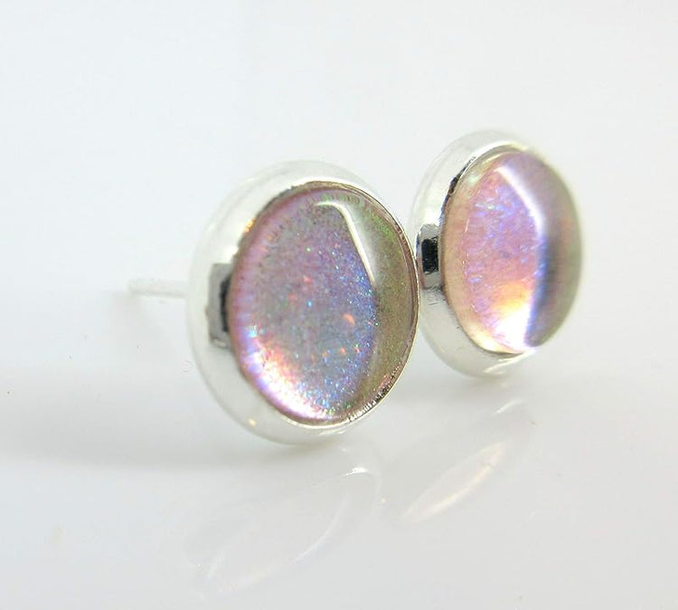 Summerfield Collection Silver-tone Nude Pink Color Shift Glitter Glass Stud Earrings Hand-painted 8mm