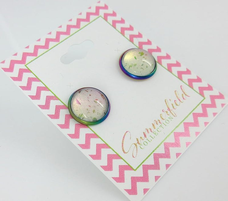 Summerfield Collection Rainbow Stainless Steel Metallic Glitter Glass Stud Earrings Hand-painted 12mm (Opalescent Fleck)