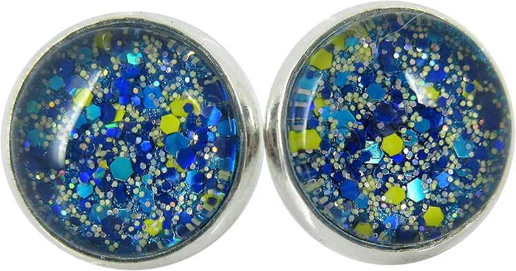 Summerfield Collection Silver-tone Blue Yellow Holographic Glitter Glass Stud Earrings Hand-painted 12mm