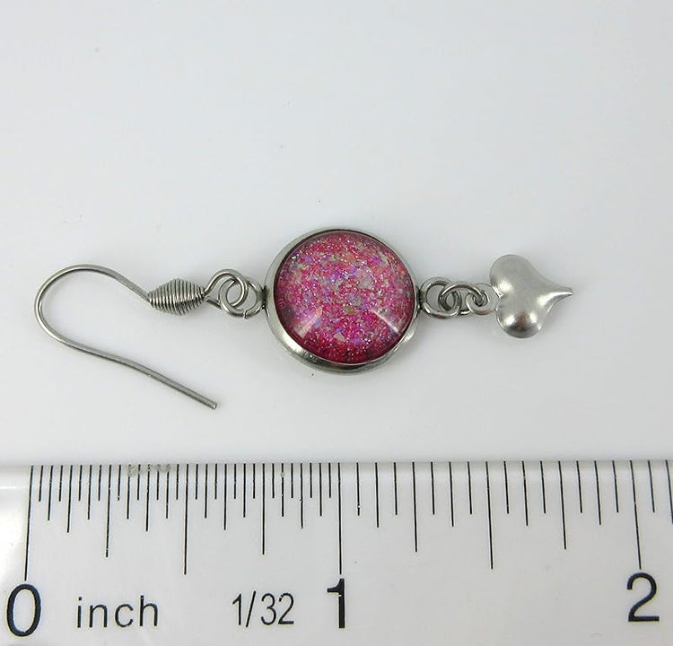 Summerfield Collection Stainless Steel Pink and Iridescent Glitter Flake Glass Heart Charm Dangle Earrings
