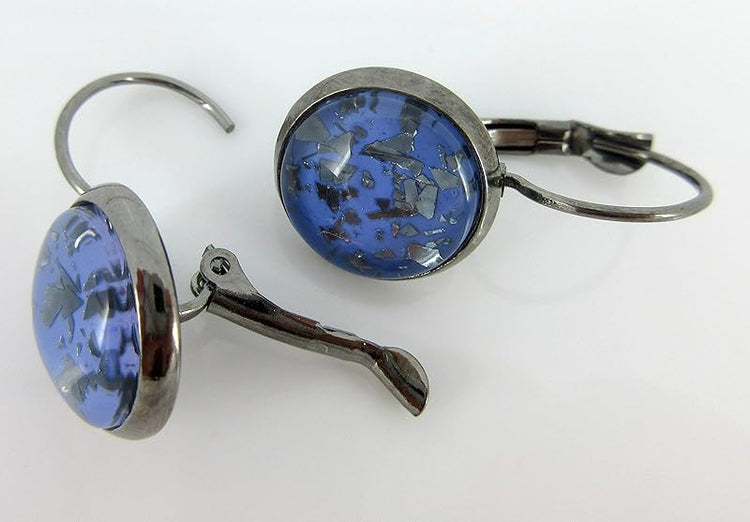 Summerfield Collection Hematite-tone Cornflower Blue Flake Glitter Glass Lever-back Drop Earrings Hand-painted