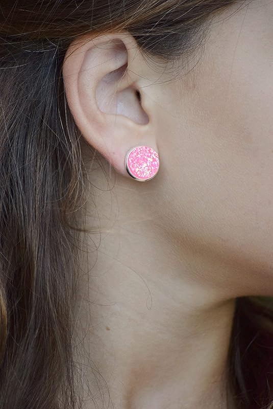 Summerfield Collection Trio Silver-tone Stud Earrings Pink Blue Faux Druzy Stone Set 12mm
