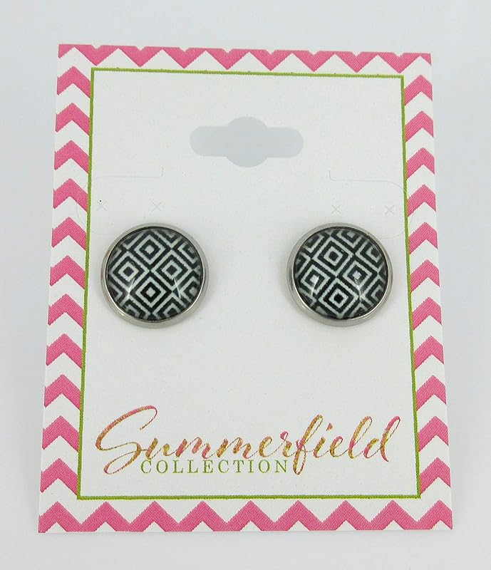 Summerfield Collection Stainless Steel Black and White Geometric Print Glass Stud Earrings 12mm