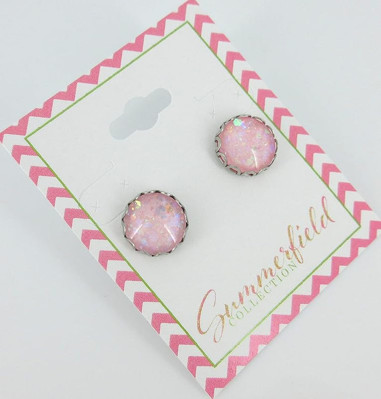 Summerfield Collection Stainless Steel Light Pink Iridescent Glitter Glass Stud Earrings Hand-painted 12mm