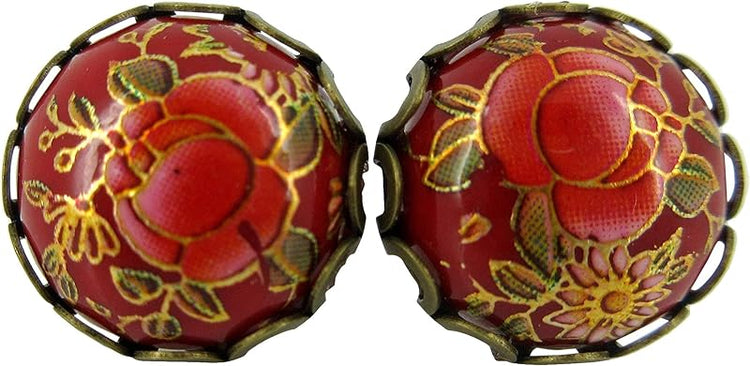 Summerfield Collection Antiqued Gold-tone Floral Print Stud Earrings 12mm (Red)