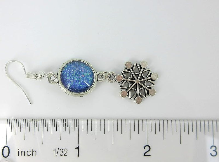 Summerfield Collection Antiqued Silver-tone Blue Purple Glitter Glass Dangle Earrings Snowflake Charm Hand-painted