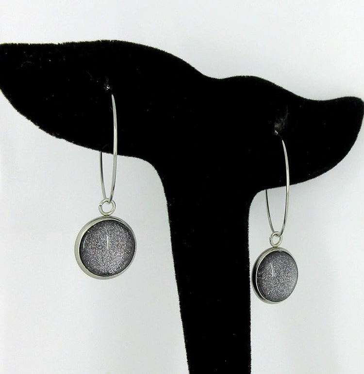 Summerfield Collection Stainless Steel Charcoal Gray Glitter Glass Charm Hoop Earrings Hand-painted 1"