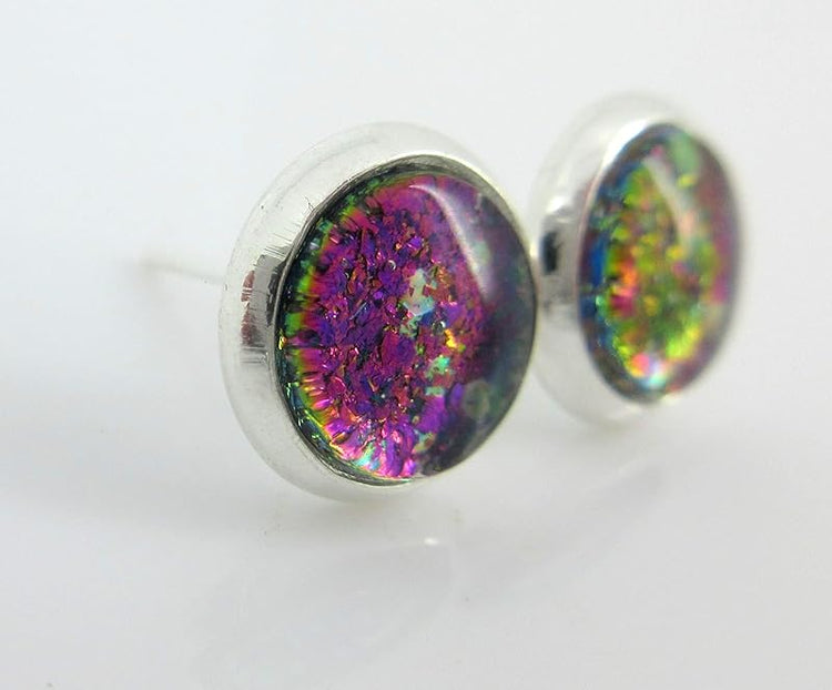 Summerfield Collection Silver-tone Aqua Blue and Purple Glitter Glass Stud Earrings Hand-painted 8mm