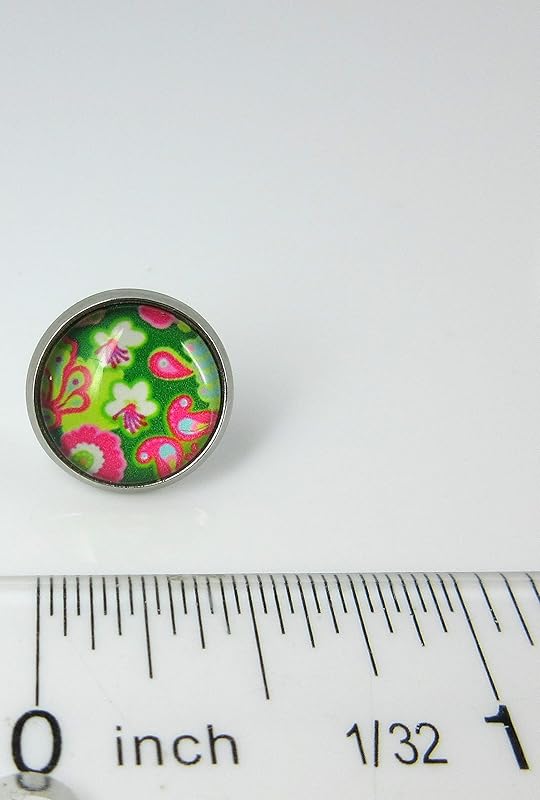 Summerfield Collection Stainless Steel Green and Pink Flower Paisley Print Glass Stud Earrings 12mm Vintage Vibe