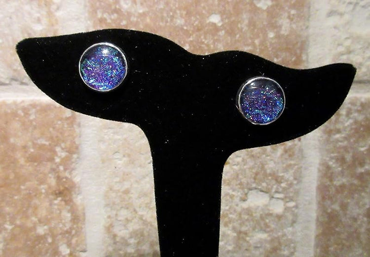 Summerfield Collection Silver-tone Purple and Blue Glitter Glass Stud Earrings Hand-painted 12mm