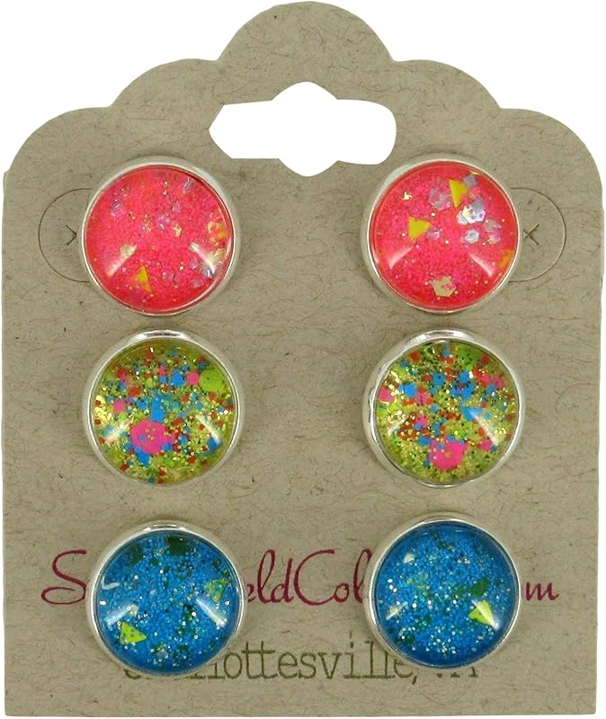 Summerfield Collection Trio Silver-tone Stud Earrings Neon Pink Yellow and Blue Glitter Glass Set 12mm Hand-painted