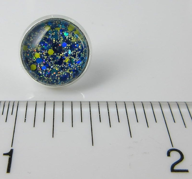 Summerfield Collection Silver-tone Blue Yellow Holographic Glitter Glass Stud Earrings Hand-painted 12mm