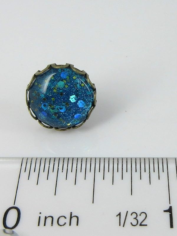 Summerfield Collection Antiqued Gold-tone Ocean Blue Glitter Glass Stud Earrings 12mm Hand-painted