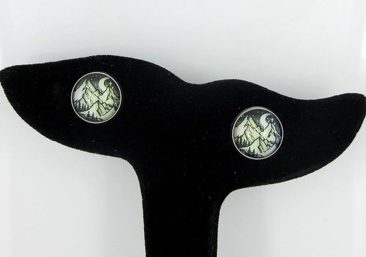 Summerfield Collection Stainless Steel Night Sky Moon Stars Snowy Mountain Print Glass Stud Earrings 12mm Black White Yellow