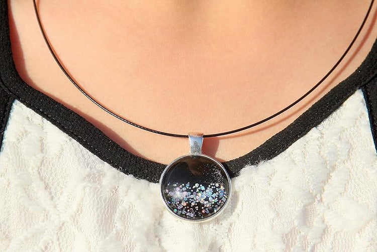 Summerfield Collection Silver-Tone Black and Holographic Glitter Glass Geometric Pendant Necklace Magnetic 18 inch