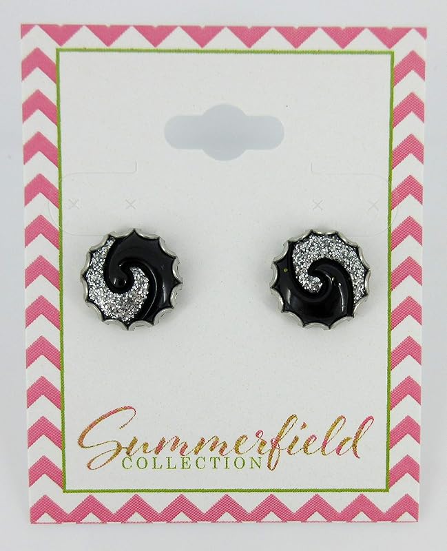 Summerfield Collection Stainless Steel Black and Silver Glitter Swirl Resin Stud Earrings 12mm