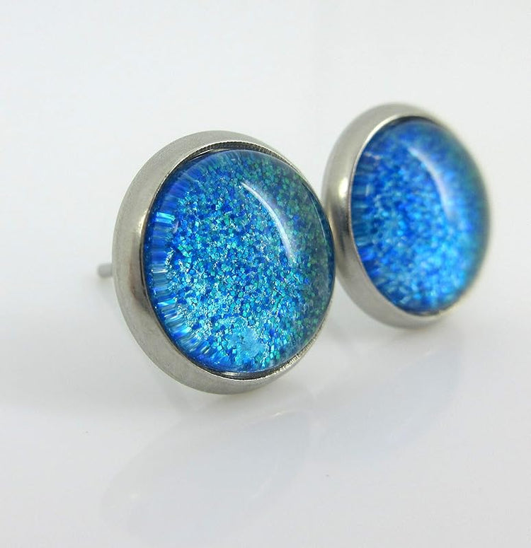 Summerfield Collection Stainless Steel Blue Green Glitter Glass Stud Earrings Hand-painted 10mm