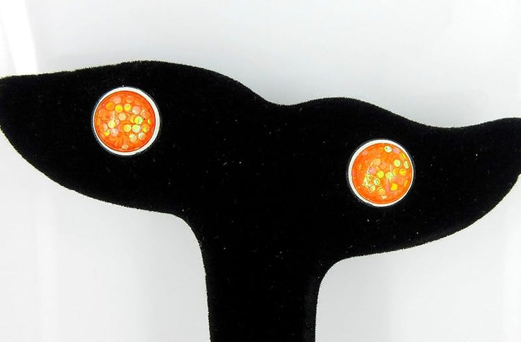 Summerfield Collection Shiny Silver-tone Iridescent Glitter Resin Stud Earrings 10mm (Orange)