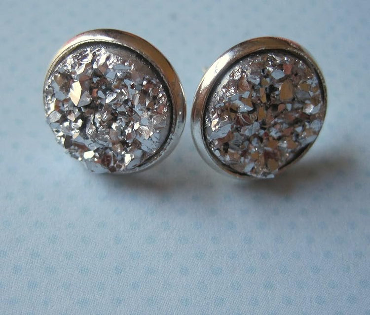 Summerfield Collection Trio Stud Earrings Ocean Blue Glitter Glass Silver Faux Druzy Stone Set 12mm