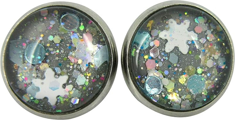 Summerfield Collection Stainless Steel Gray Snowfall Glitter Glass Stud Earrings Hand-painted 12mm