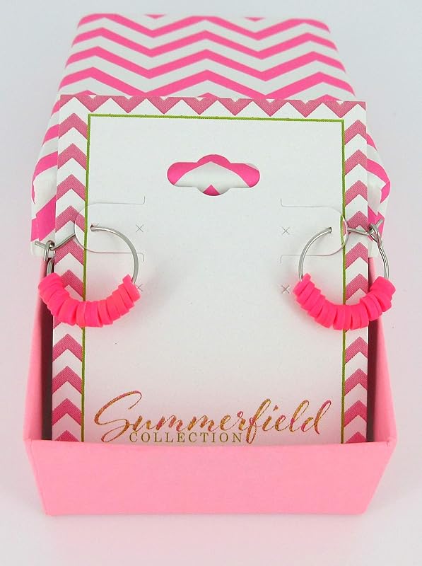 Summerfield Collection 15mm Stainless Steel Polymer Clay Katsuki Bead Hoop Earrings (Neon Pink)