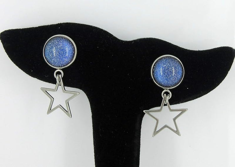 Summerfield Collection Stainless Steel Blue Galaxy Glitter Glass Stud and Star Drop Earrings