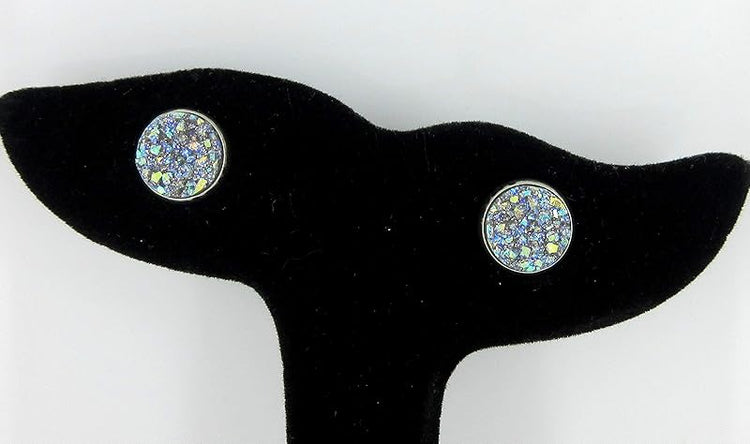 Summerfield Collection Stainless Steel Frost Blue Gray AB Glitter Faux Druzy Stone Stud Earrings (10mm)
